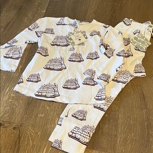 Kate Quinn Ship Print Kids Pajama Set - Cream and Brown